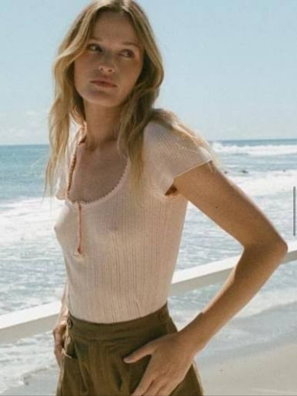 Doen Callia top in salt white xlarge 100% organic cotton pointelle henley tee